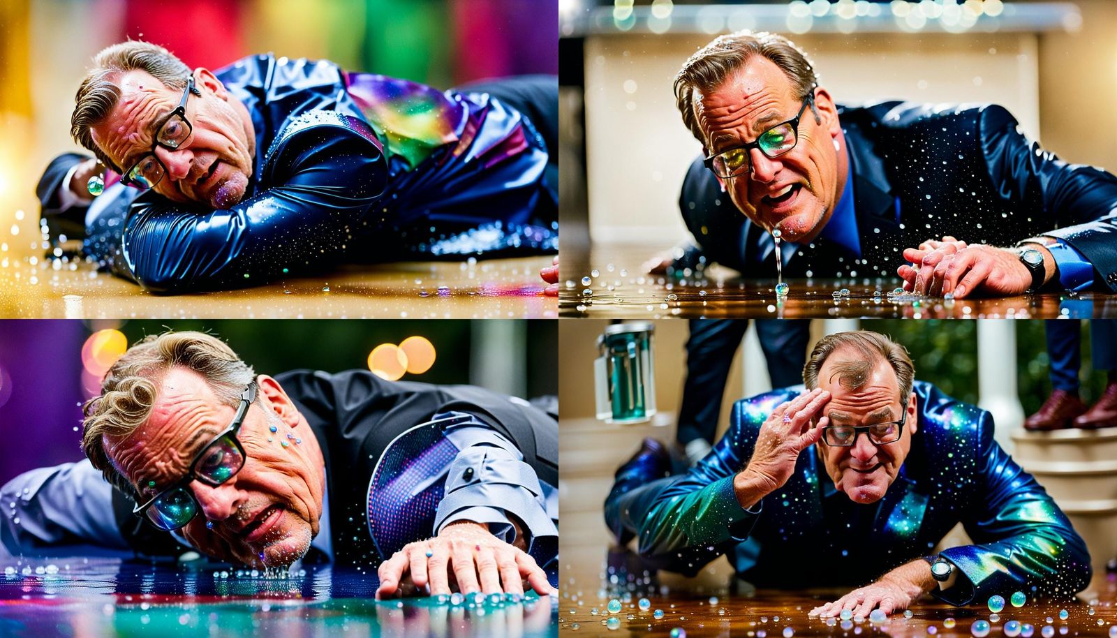 Drew Carey laying on the floor after falling off a step stoo...