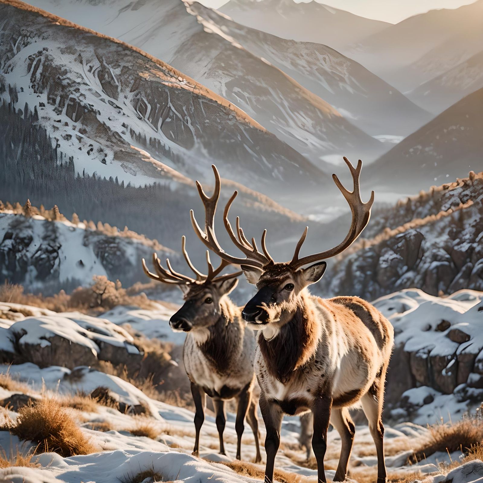 Mottled Reindeer in Snowy Mountain Habitat