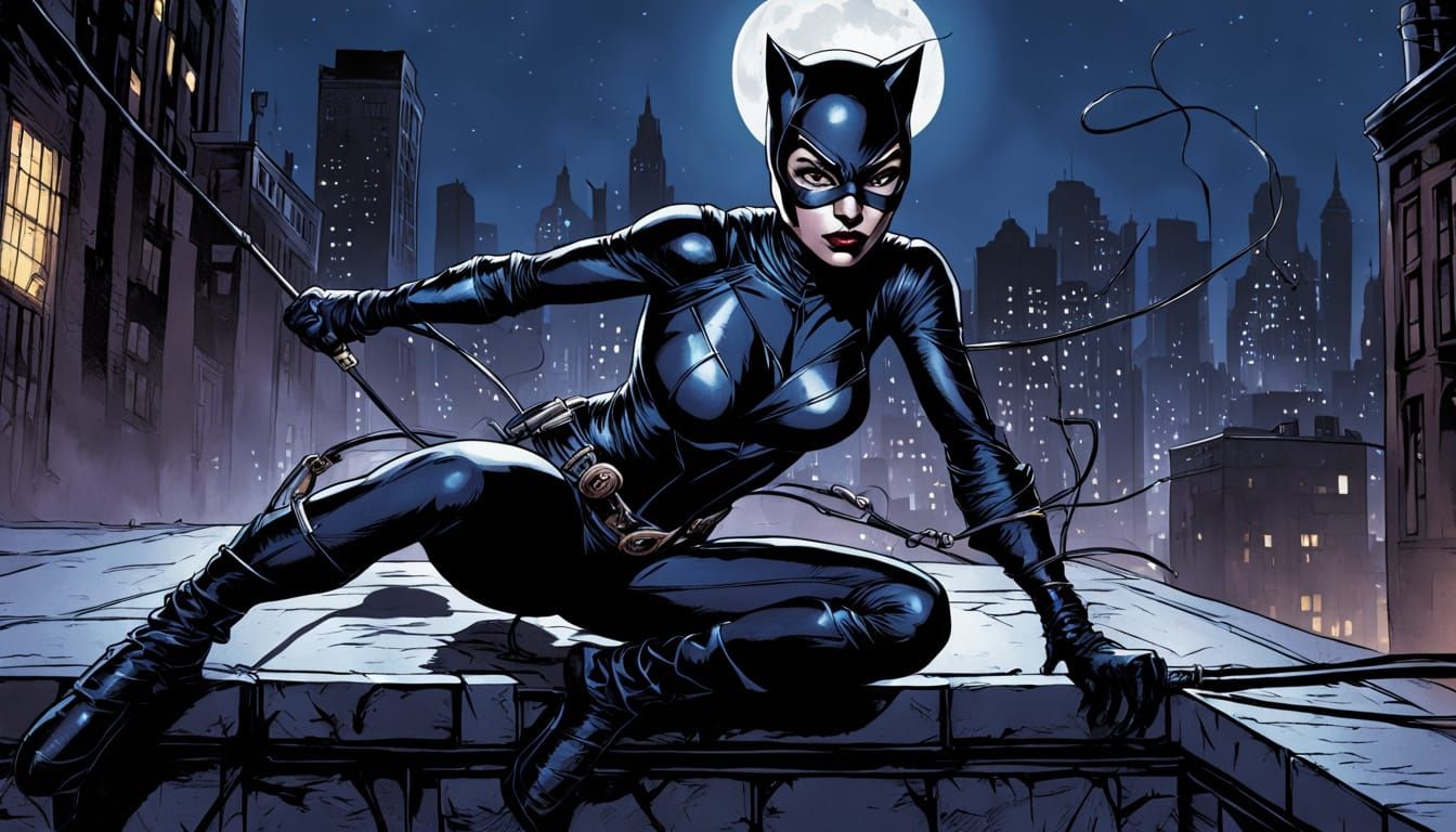 Catwoman on Gotham Ledge: Comic Book Art