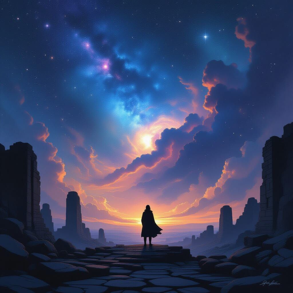 Stargazer on Ruins Under Nebula Sky, Sci-Fi Art