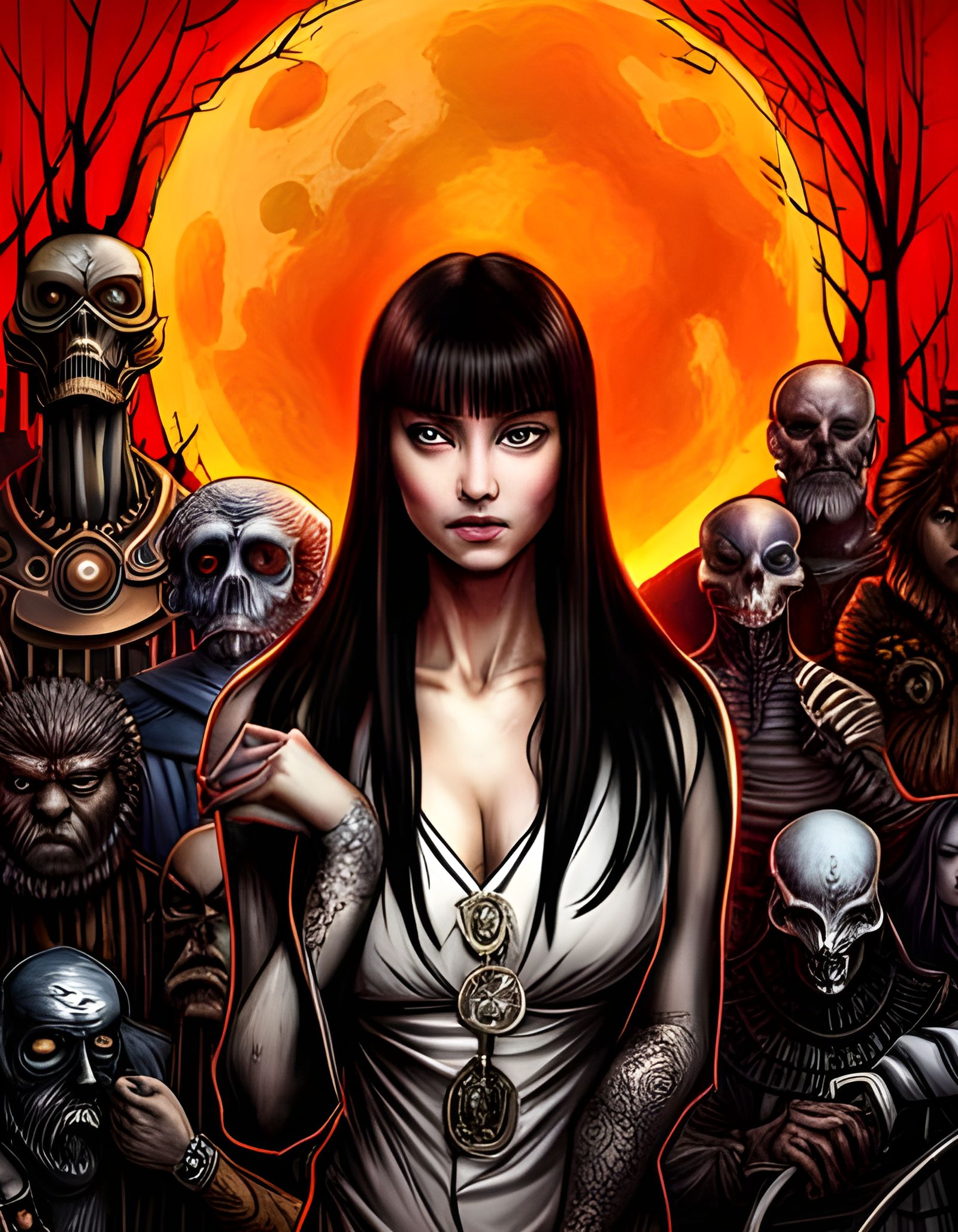 Intricate Surreal Scene with Orange Highlights