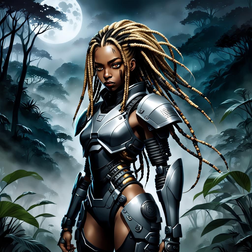 Futuristic Samurai Woman in Gloomy Jungle, Digital Art