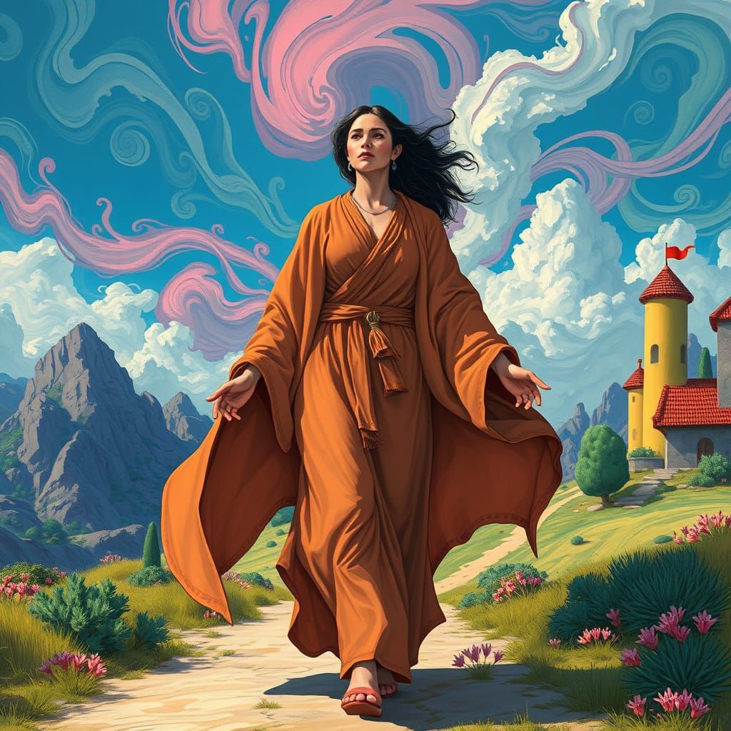 Woman Marches Through Candyland in Biblical Illustration