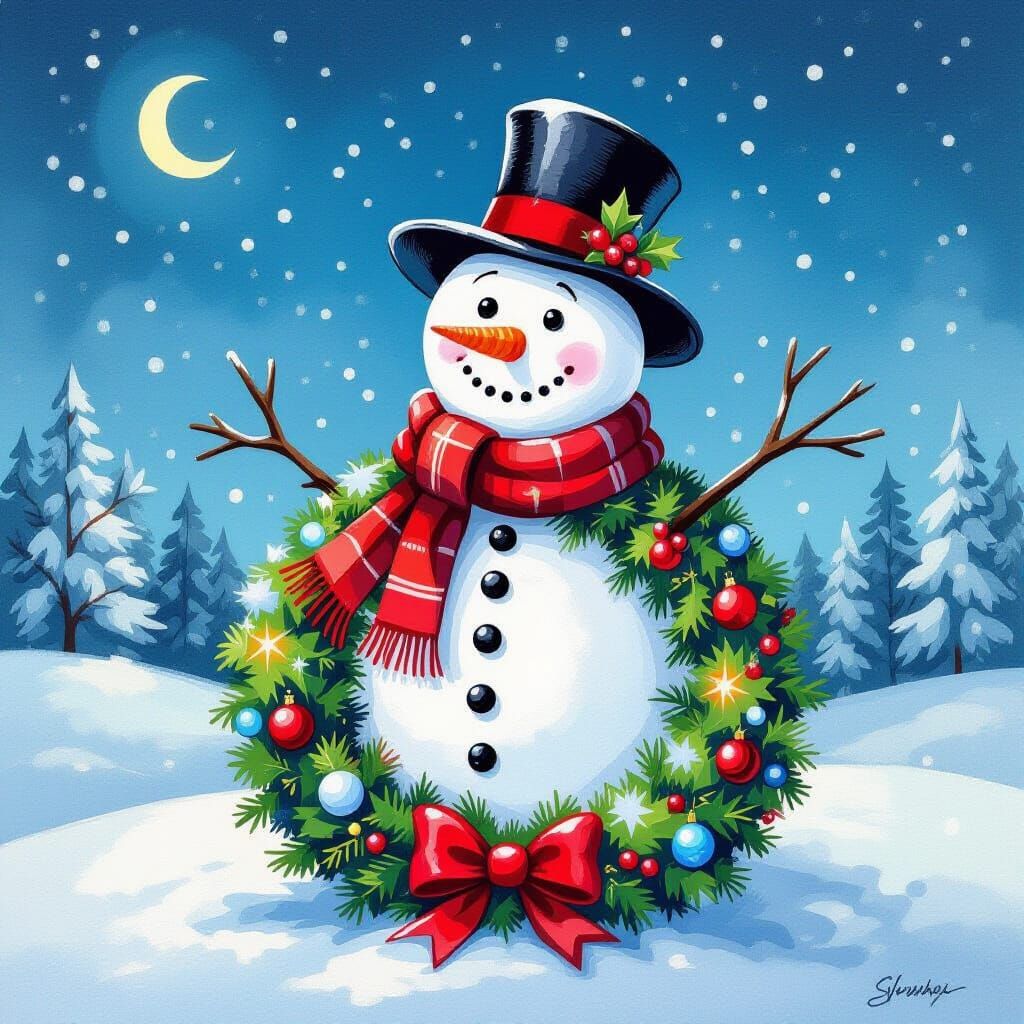 Detailed Gouache Painting of Snowman and Christmas Wreath