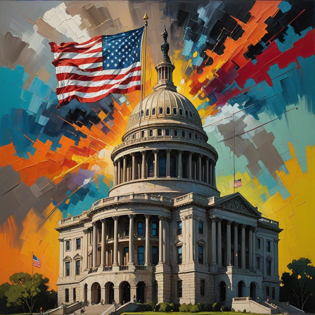 Neo-Expressionist Building Scene with American Flag in Omino...