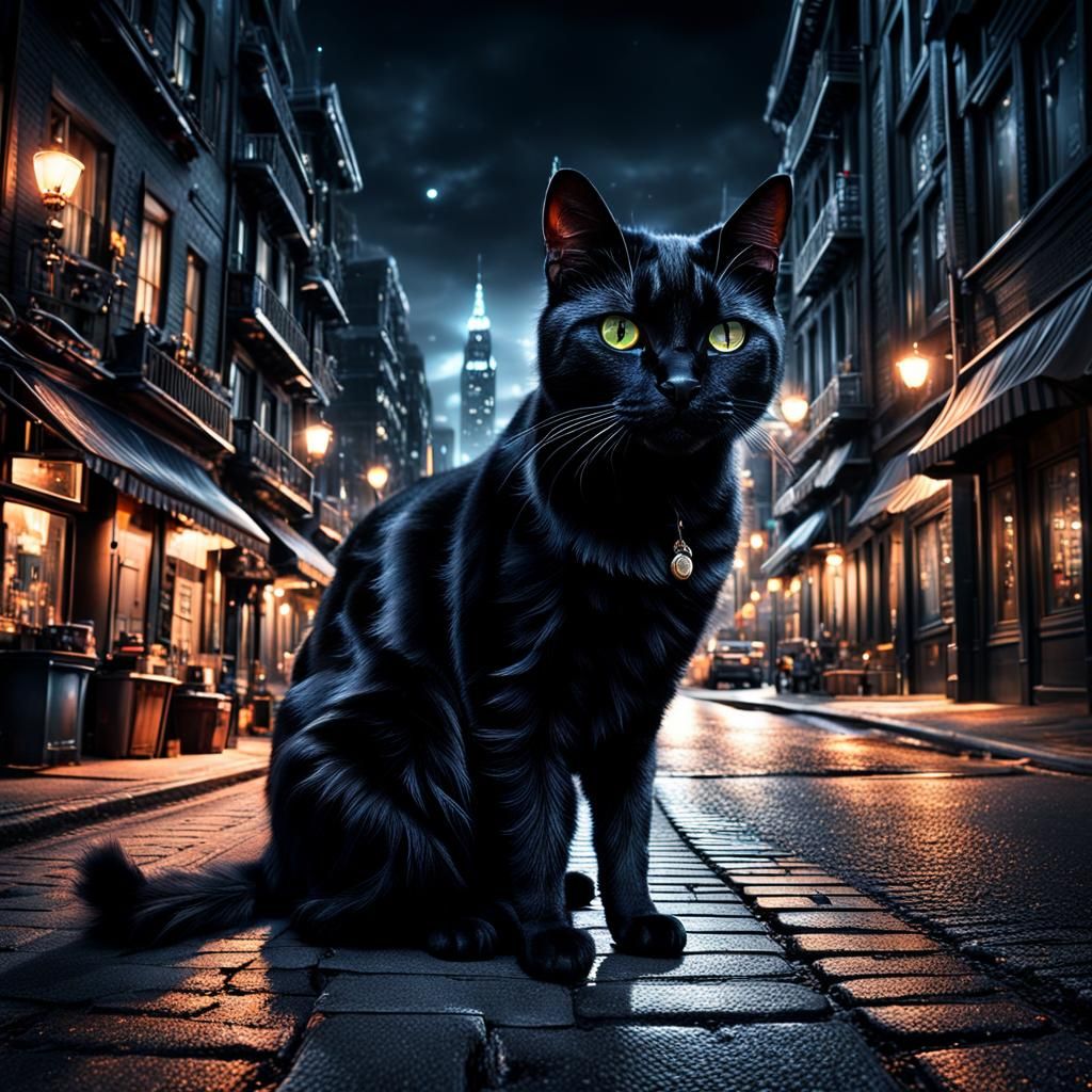 Black Cat in Moody Night Cityscape