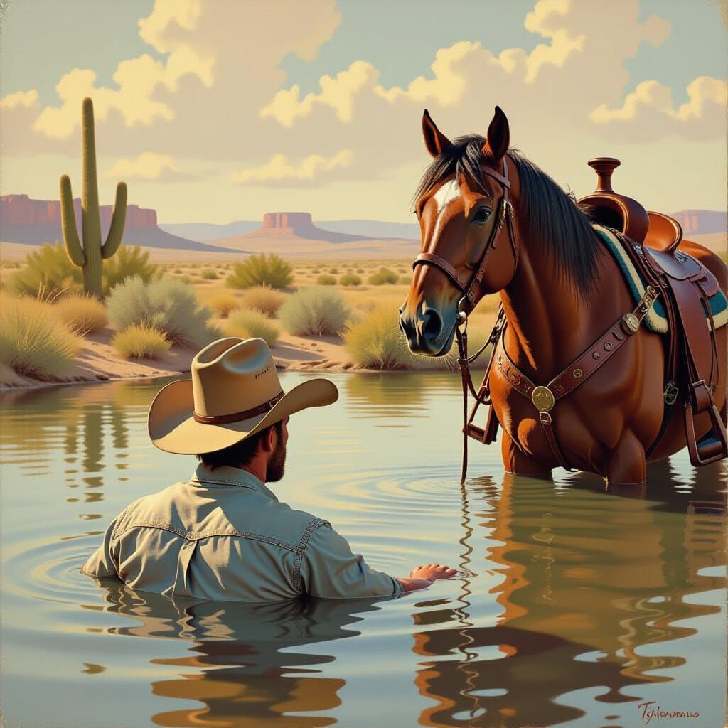 Cowboy Cooling Off in Desert Pond: Western Art Style