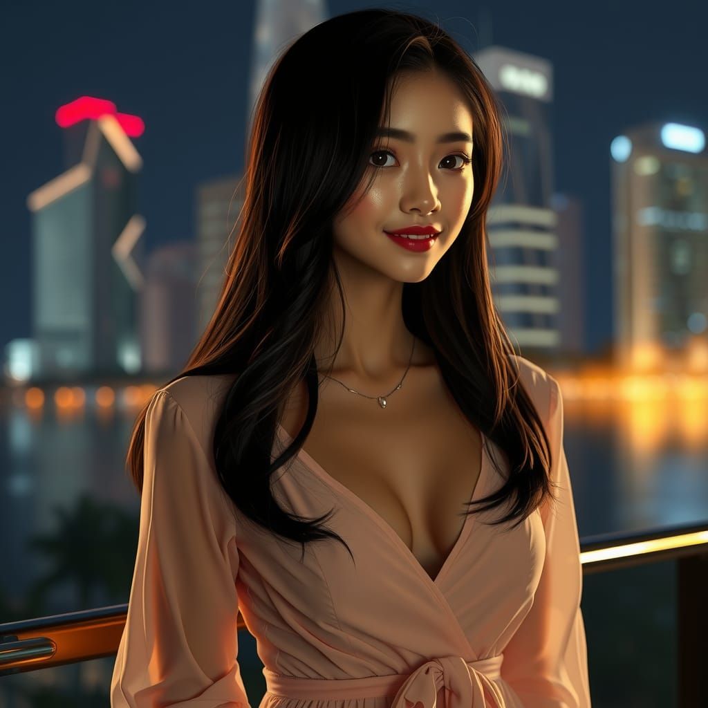 Elegant Singapore Girl in Mini Dress at Night