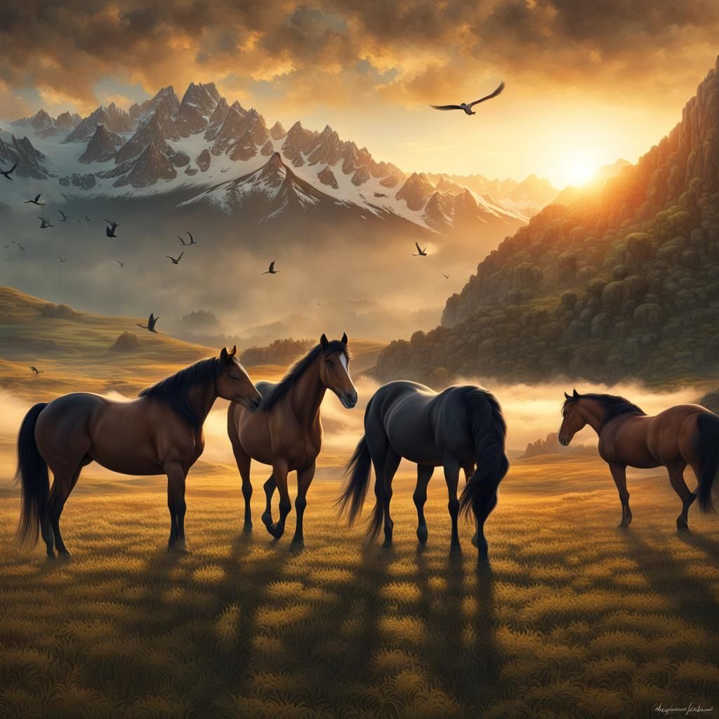 Hyperrealistic Sunrise Over Mountains with Horses