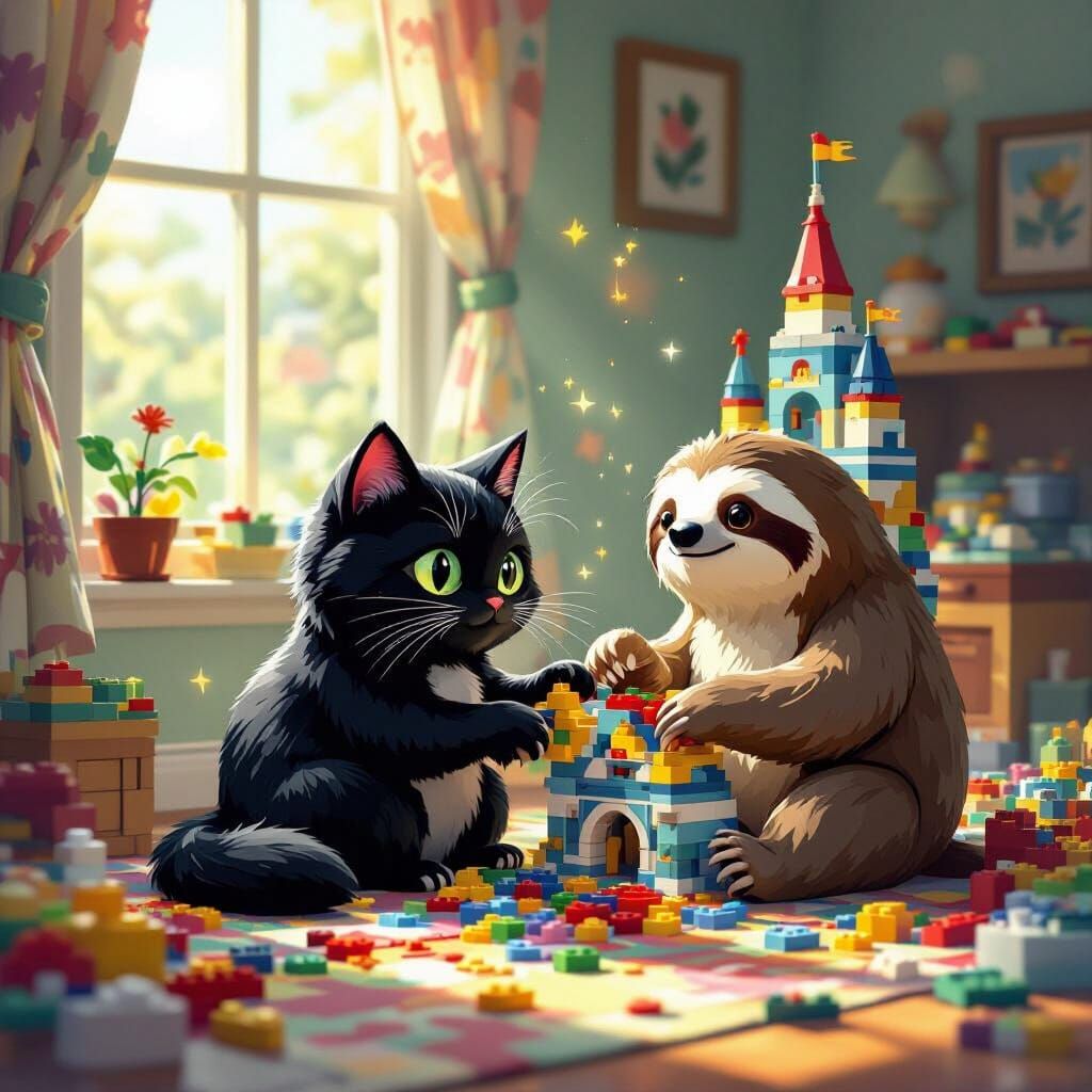 Whimsical Cat-Sloth Hybrid Builds LEGO Castle in Storybook S...