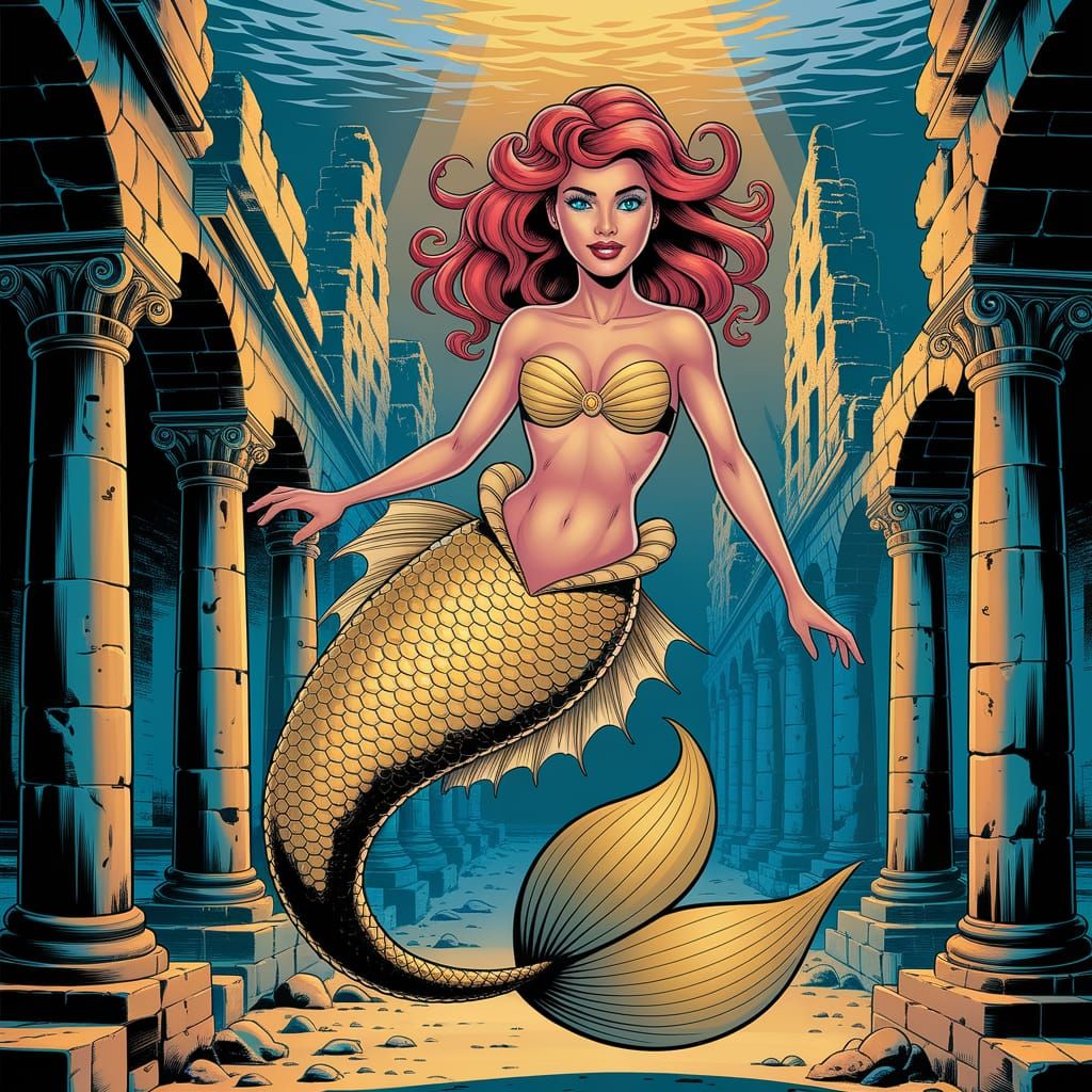 Enchanting Mermaid in Golden Underwater City