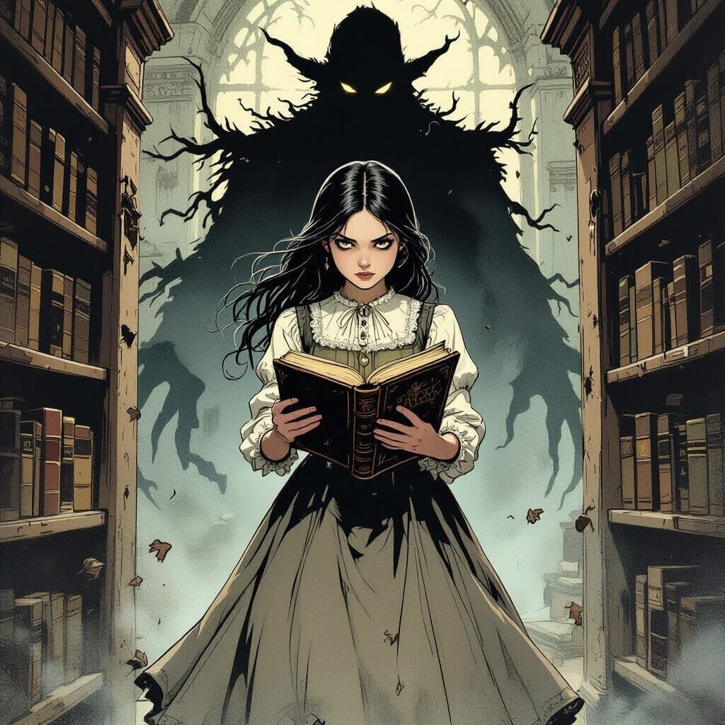 Girl with Voodoo Book and Shadowy Spirit