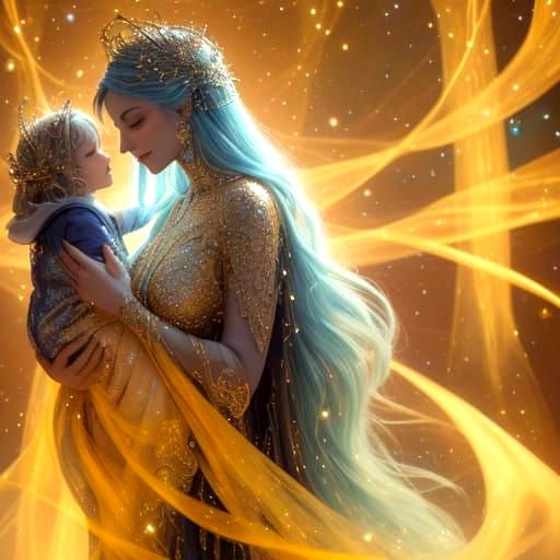 Celestial Mother and Child in Shimmering Starlight Dreamscap...