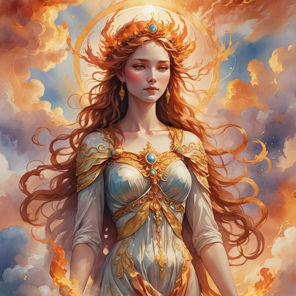 Goddess of Flame in Watercolor-Inspired Digital Art