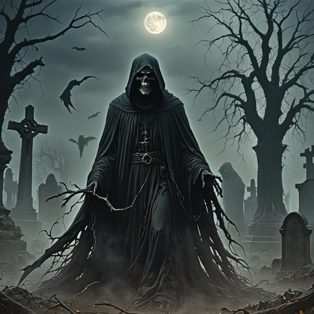 Grim Reaper Surrounded by Dementors in Graveyard