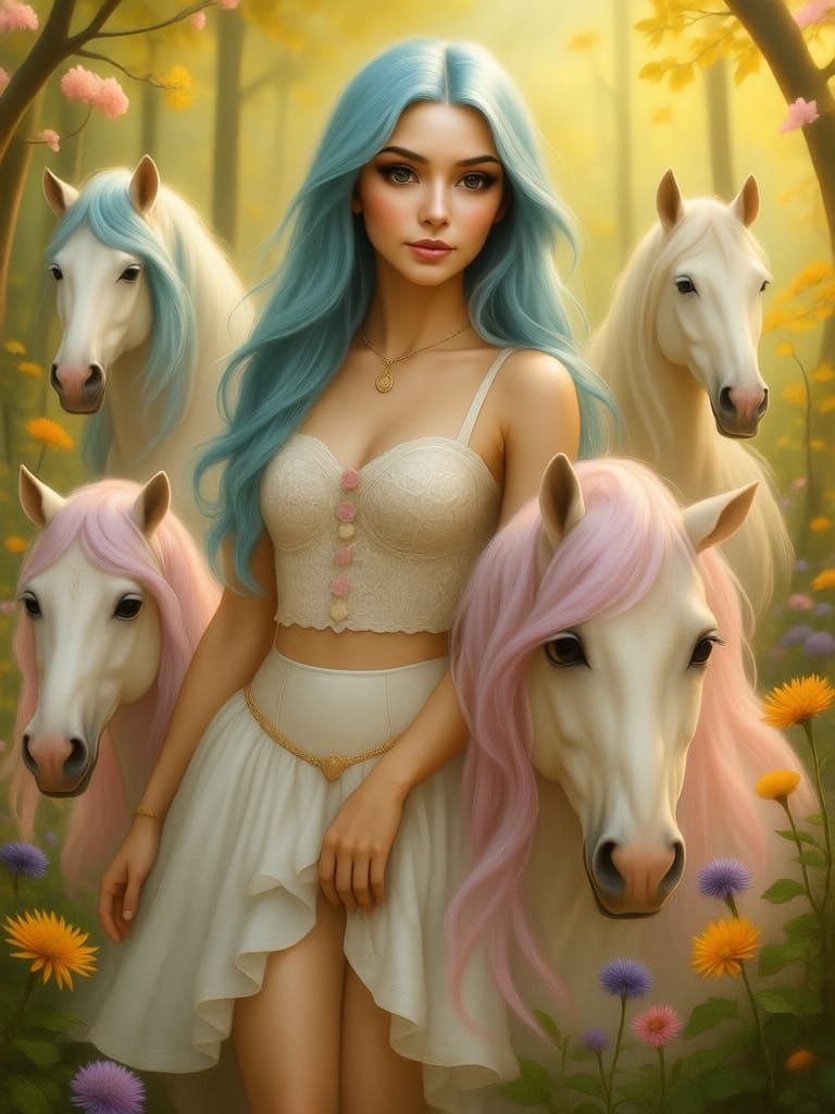 Woman with Whimsical Boots and Pastel Horses