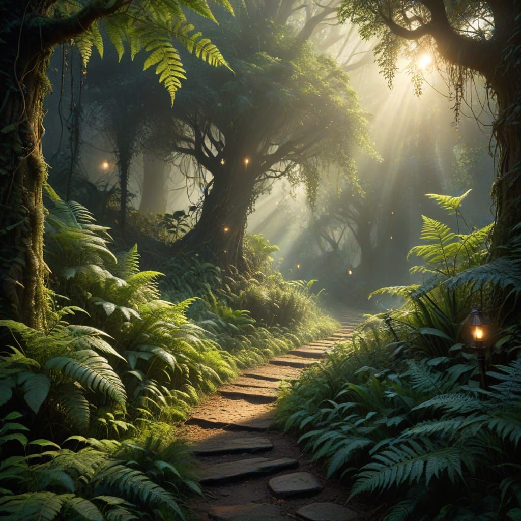 Mystical Forest Path in Golden Hour Fantasy Art