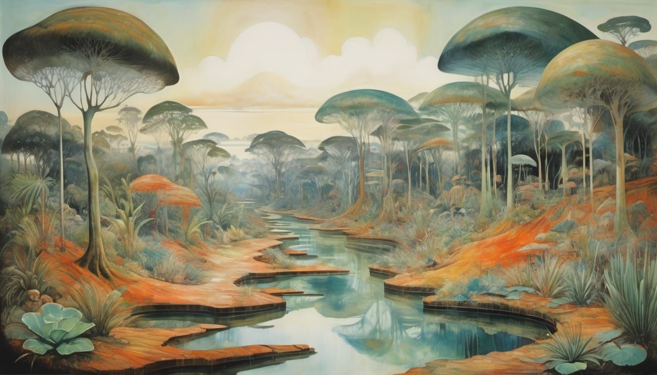 Surreal Dreamscape Architecture in Watercolour Style