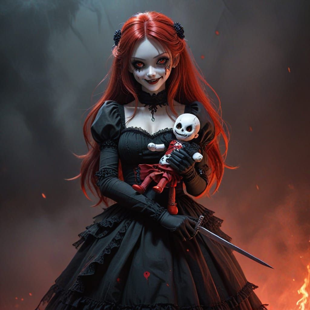 Dark Fantasy Anime Girl with Scary Doll and Red Dress