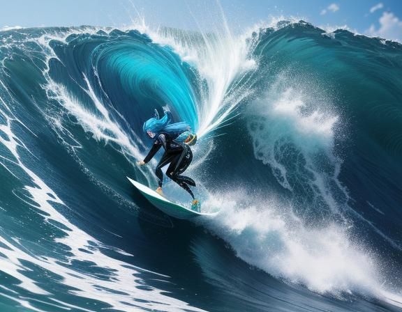 Blue-Haired Girl Surfing a Wave in 3D Anime Style