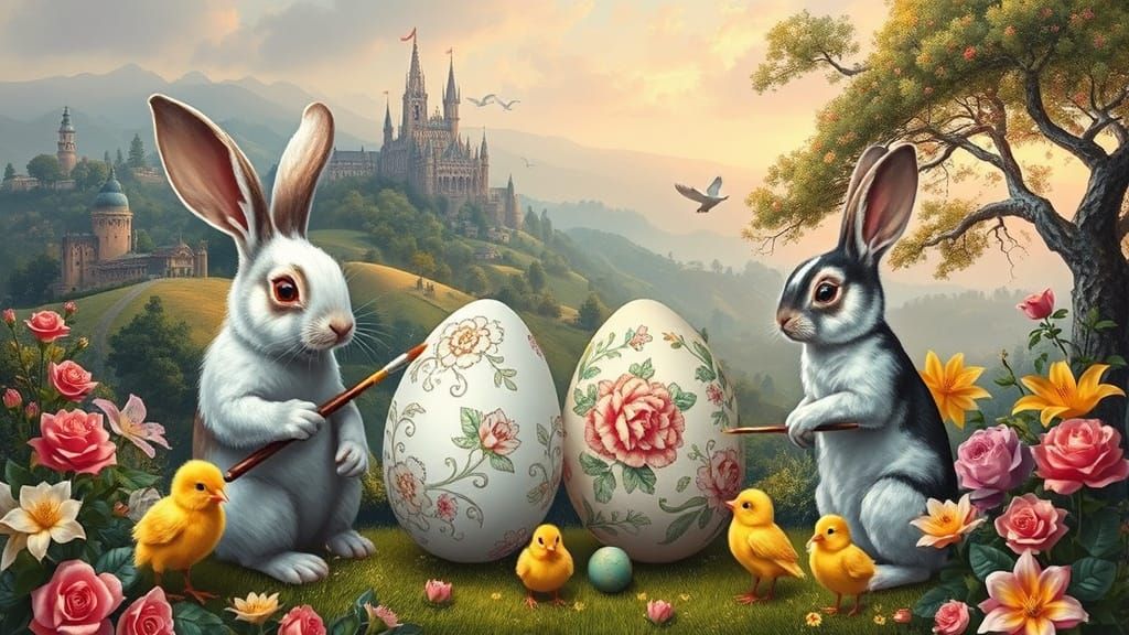 Rabbits Painting Easter Eggs in Fairytale Landscape