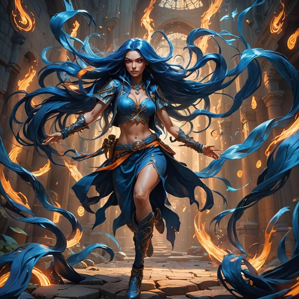 Fantasy Concept Art of Jinx in Vibrant Blue and Orange Hues
