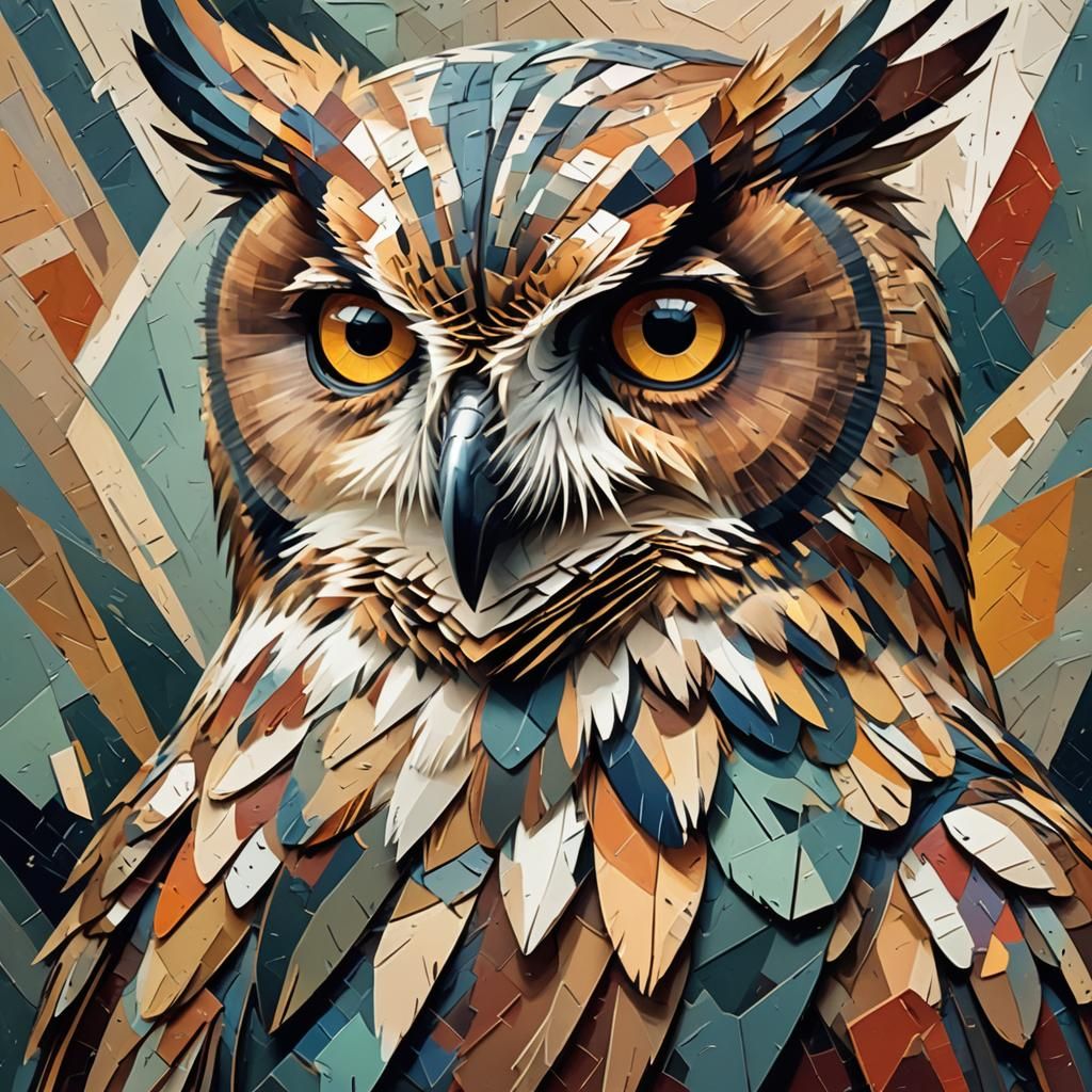 Geometric Cubist Owl Portrait in Muted Colors