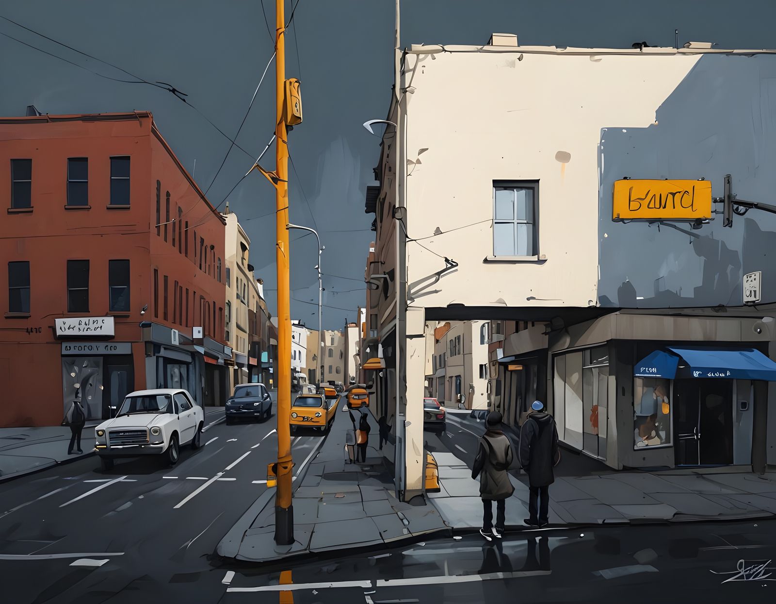 City Street Stormy Evening in Expressive Oil Painting