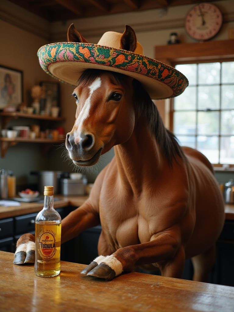 Annoyed Horse Bartender Serves Tequila with a Glare
