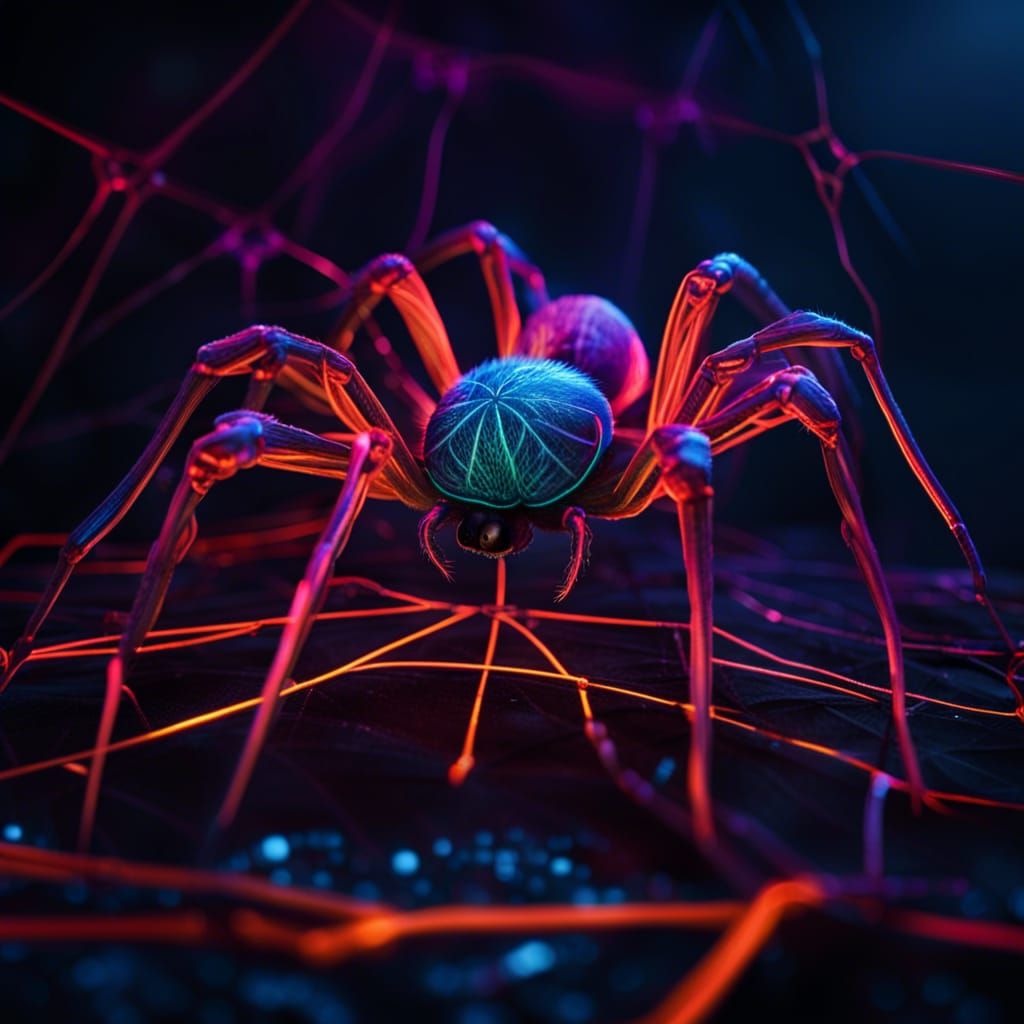Surreal Neon Spider on Glowing Web