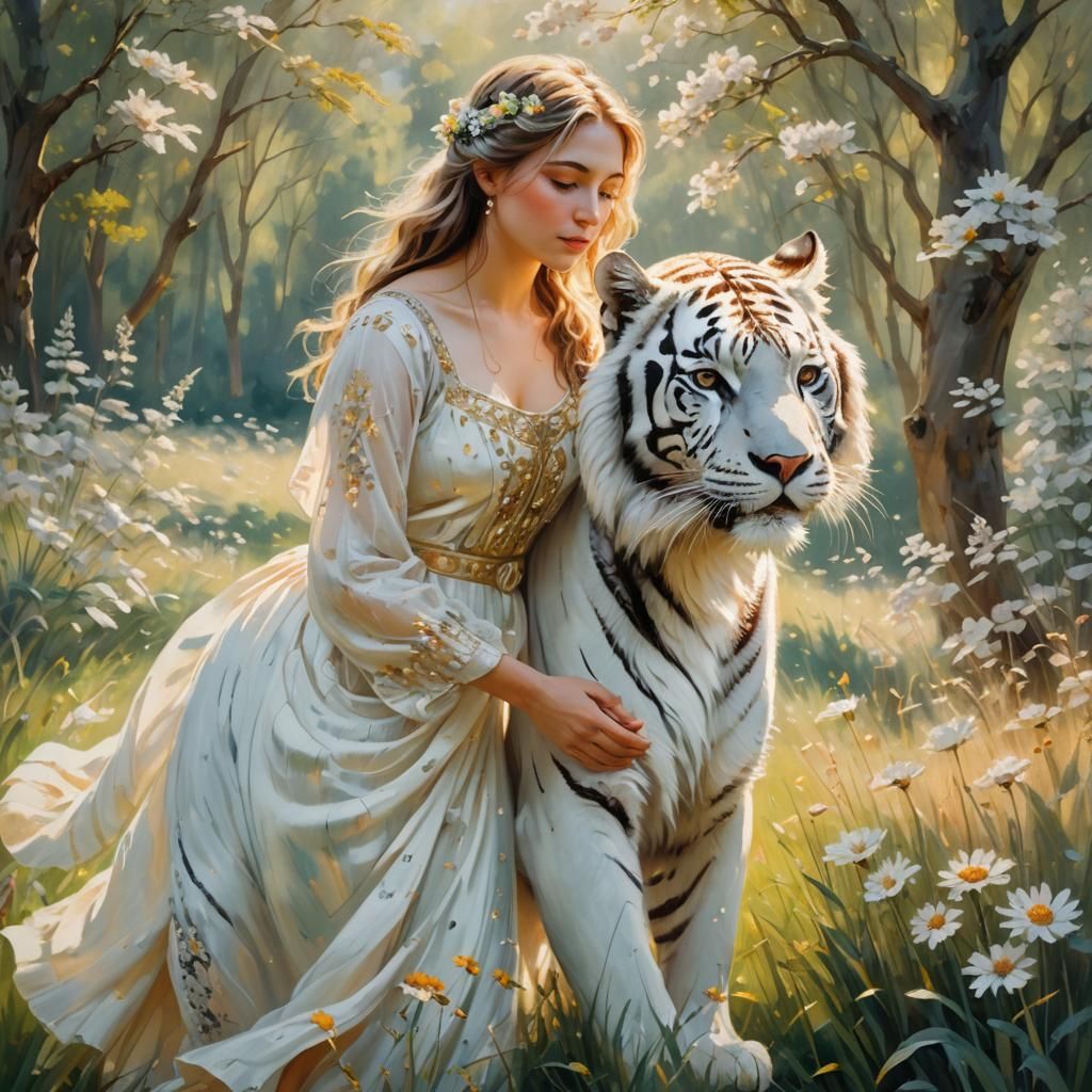 White Tiger and Maiden as Impressionist Oil Painting