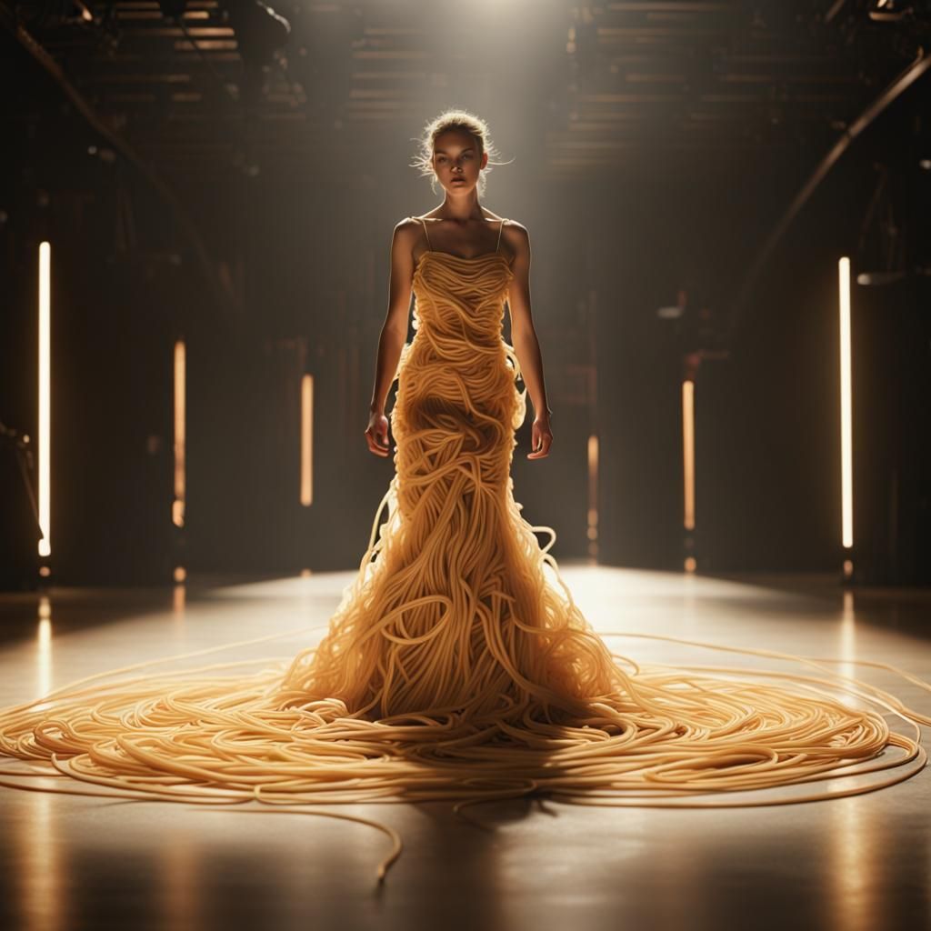 Spaghetti Dress on Runway in Dramatic Lighting