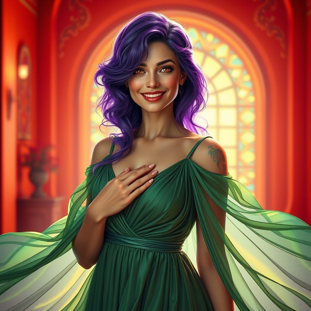 Vibrant Violet Beauty in an Orange Art Nouveau Dream