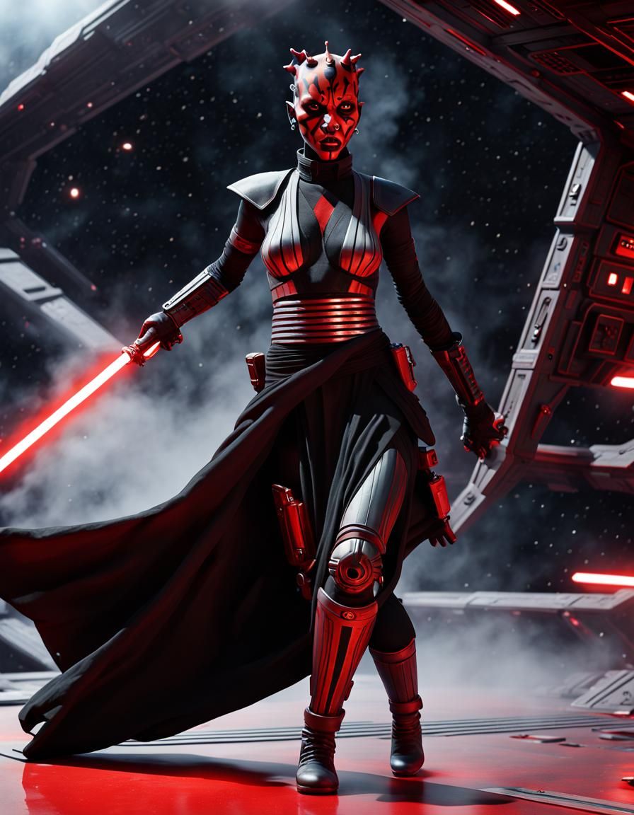 Star Wars character, a Sith, Hyper detailed portrait of Zabrak woman Darth Maul, incredibly beautiful and dangerous, wit...