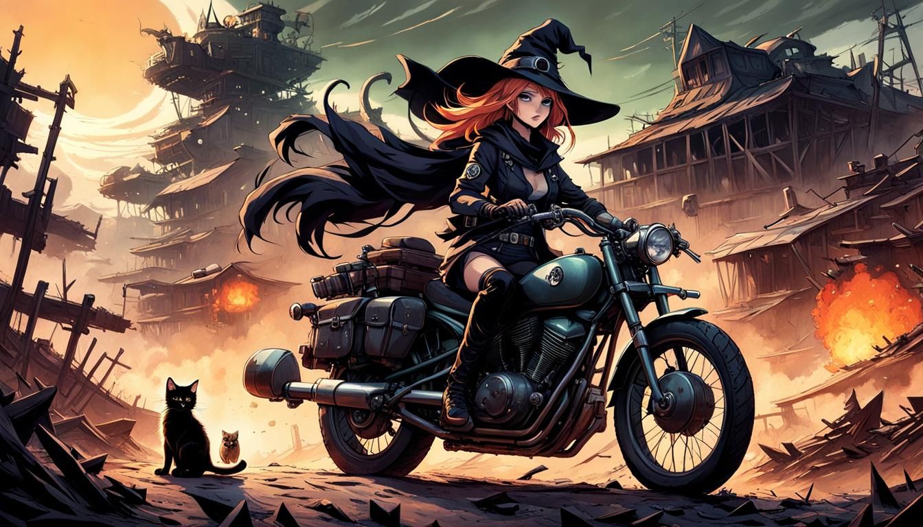 Post-Apocalyptic Witch on Motorcycle: Cel-Shaded Art