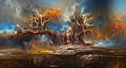 Cataclysmic Tree of Life: Detailed Oil Painting