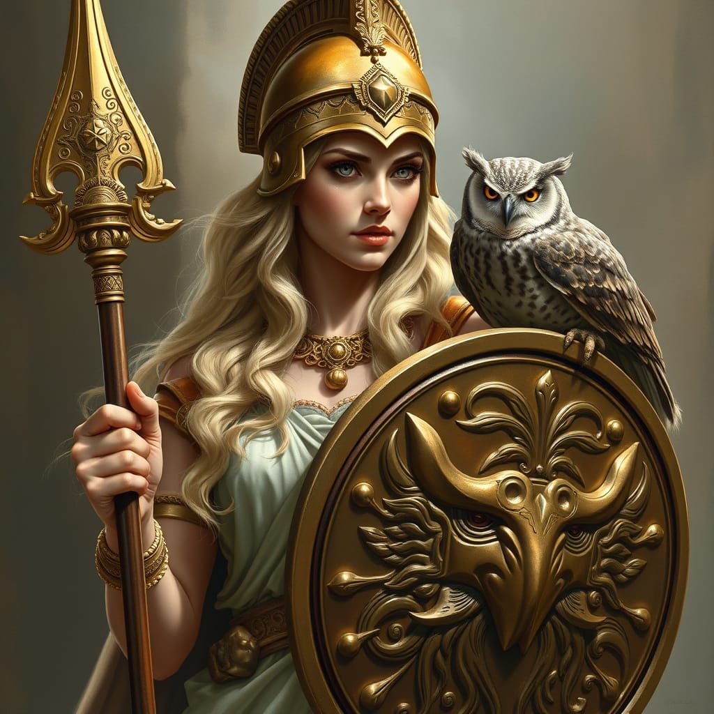 Classical Goddess of Wisdom in Golden Armor with Owl Compani...