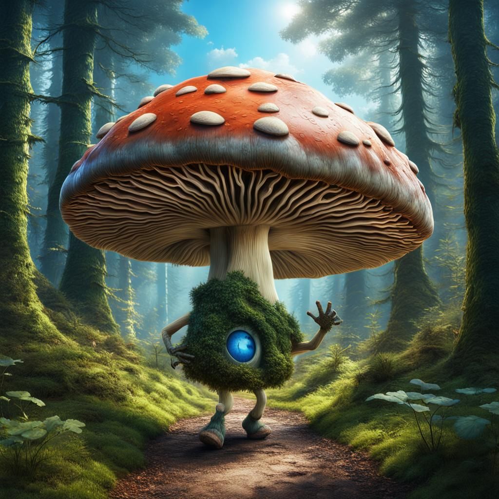 Walking Mushroom Creature in Forest: Digital Matte Painting