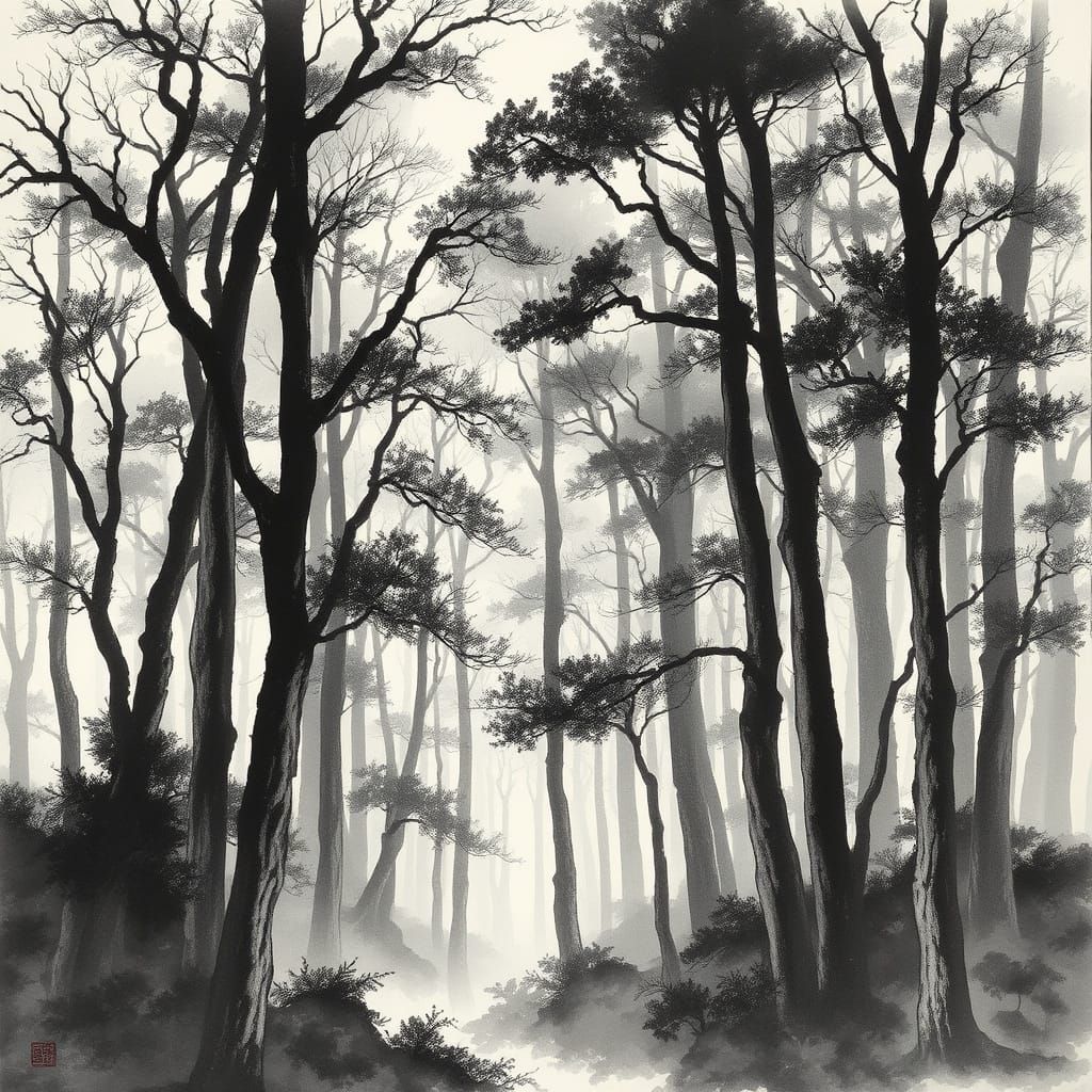 Ancient Forest in Traditional Ink Wash Style