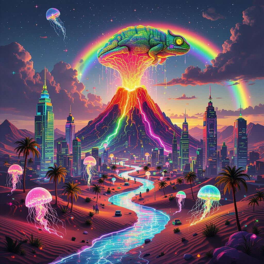 Surreal Candy Volcano City with Giant Chameleon Sky