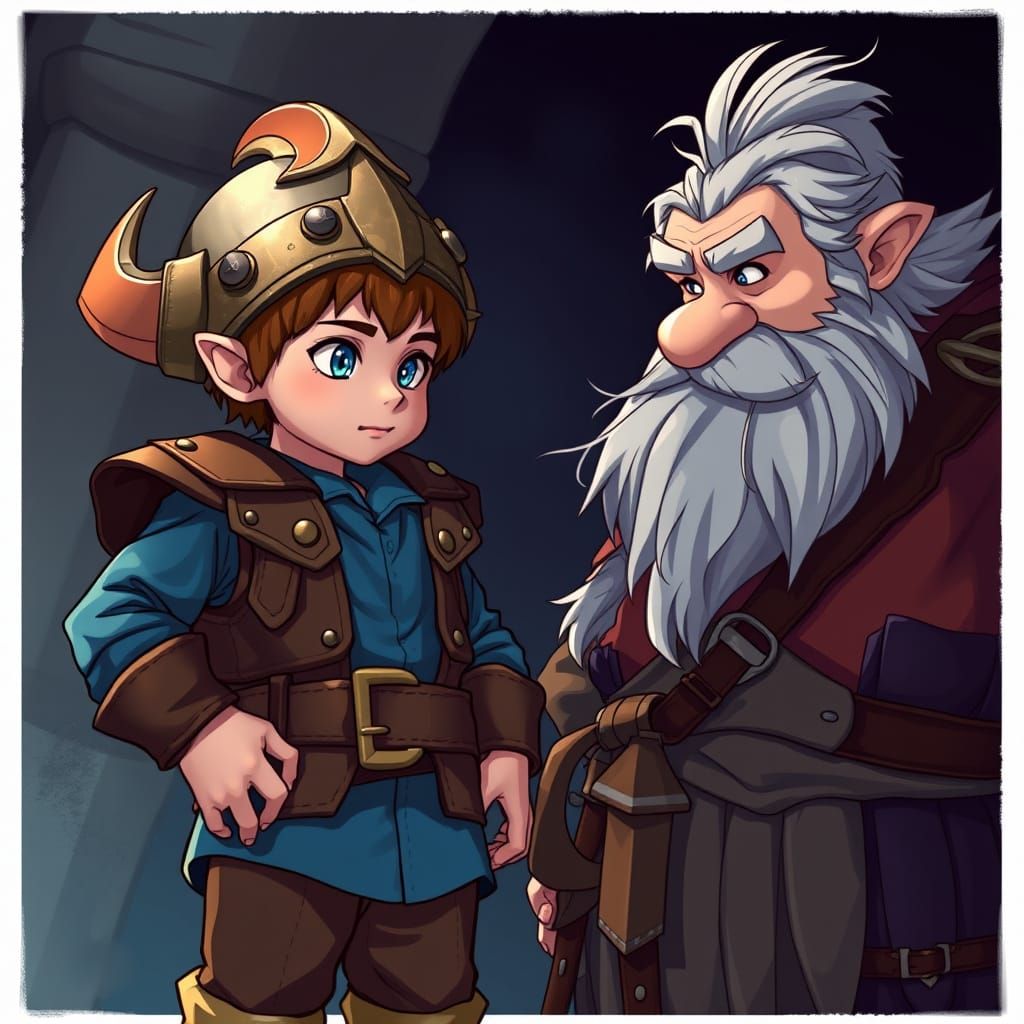 Dwarf Child with Helm in Cel-Shaded Anime Style