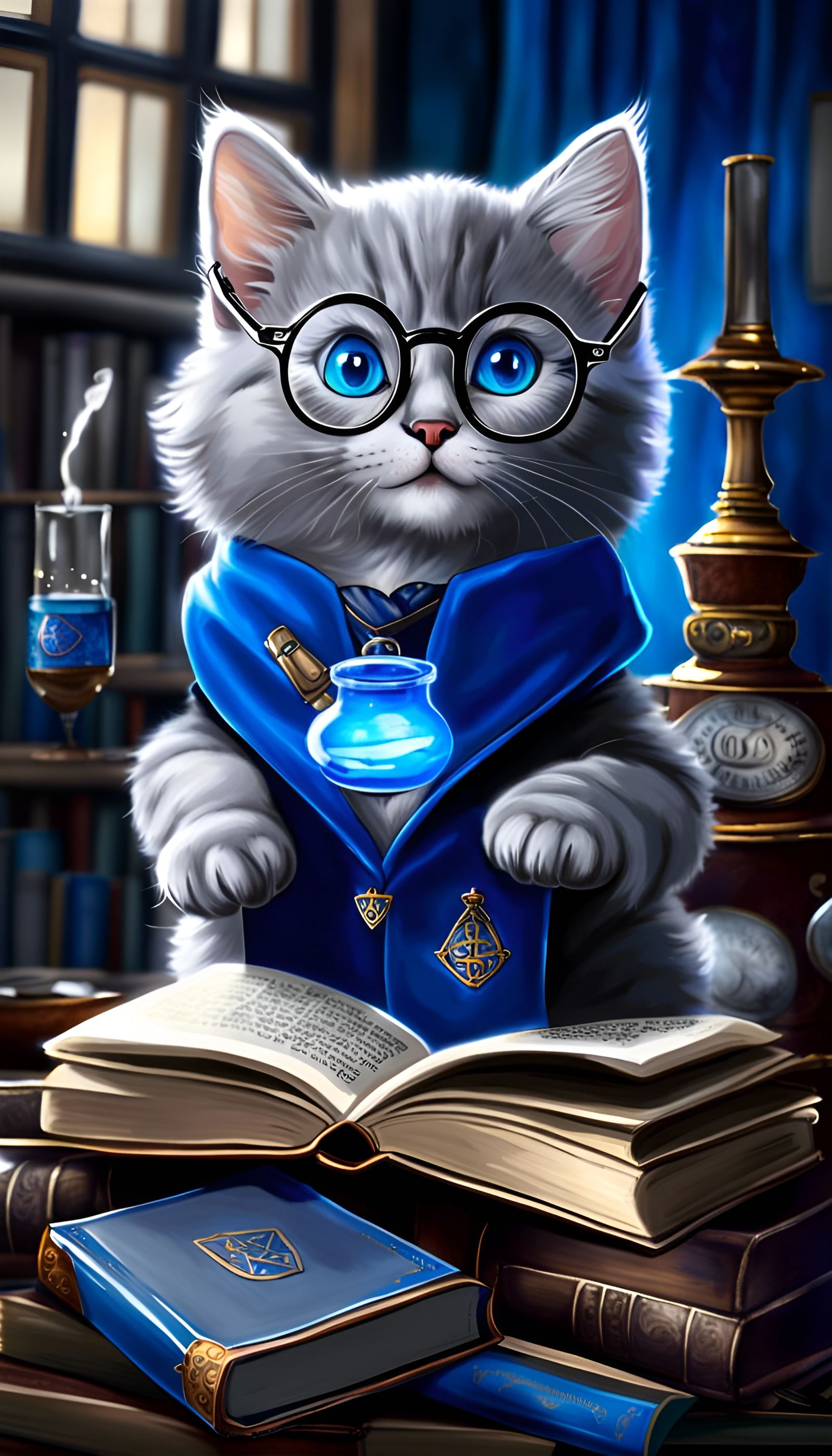 Ravenclaw Kitten Reading Potions Book: Realistic Portrait