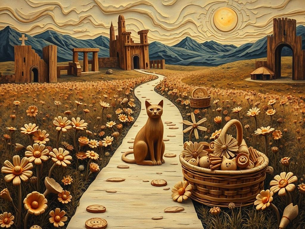 Surreal Wooden World with Carved Details