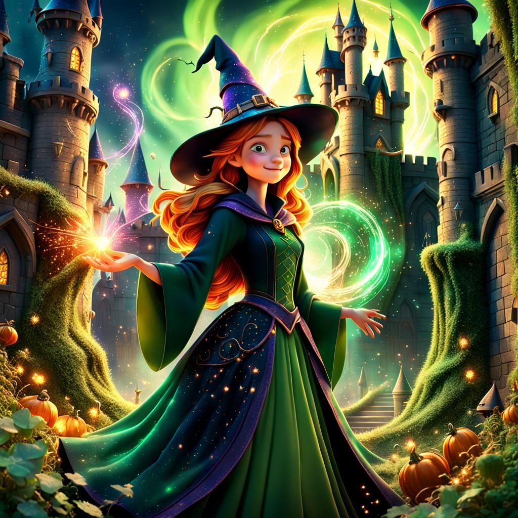 Colorful Witch Casting Spells in Pixar-Style 3D Art