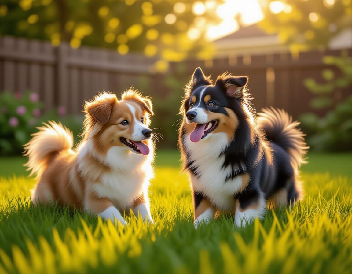 Cute Dogs Play in Lush Backyard Under Golden Hour
