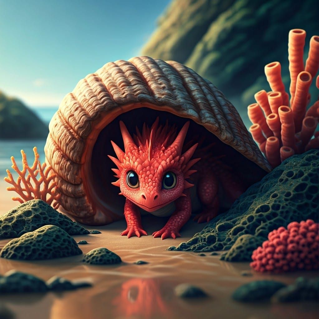 Chibi Coral Dragon in Tide Pool, 3D Anime Art