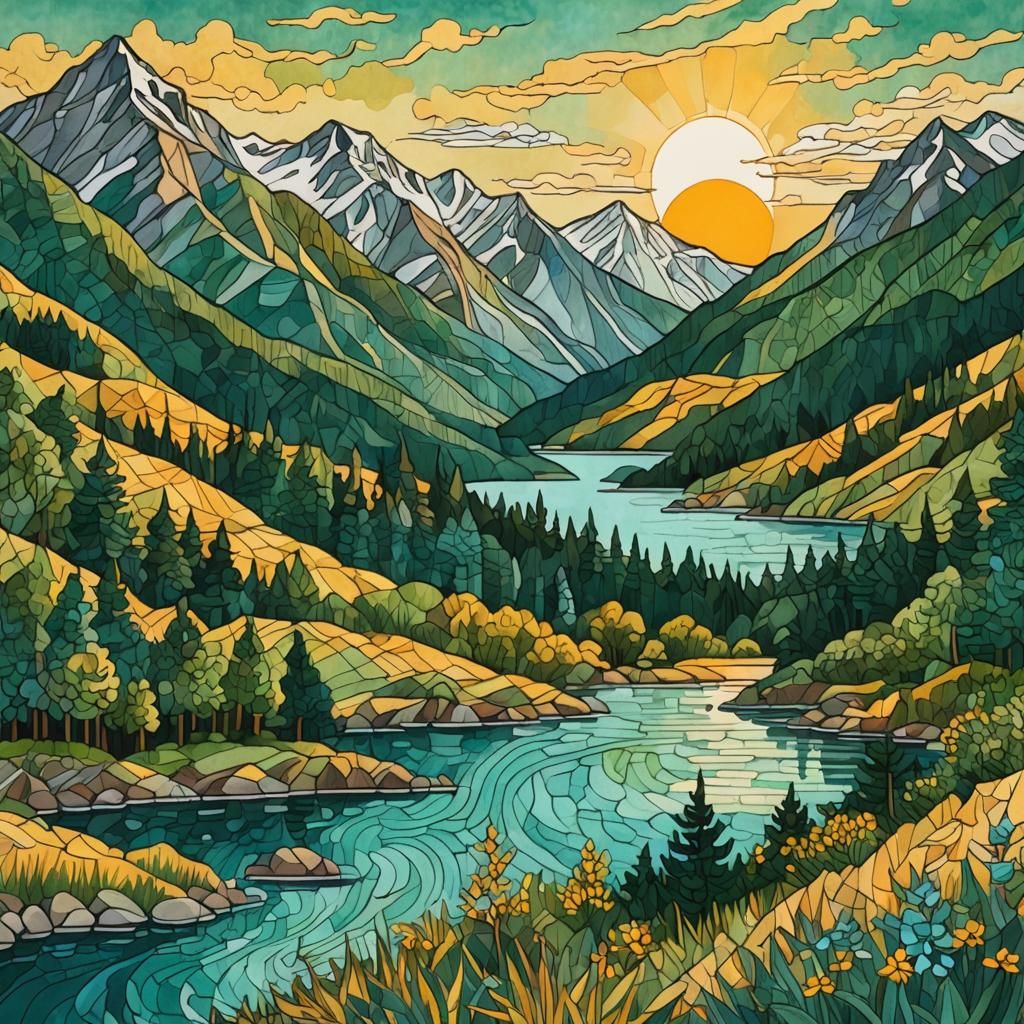 Golden Hour Lakeside Scene in Pointillism Style