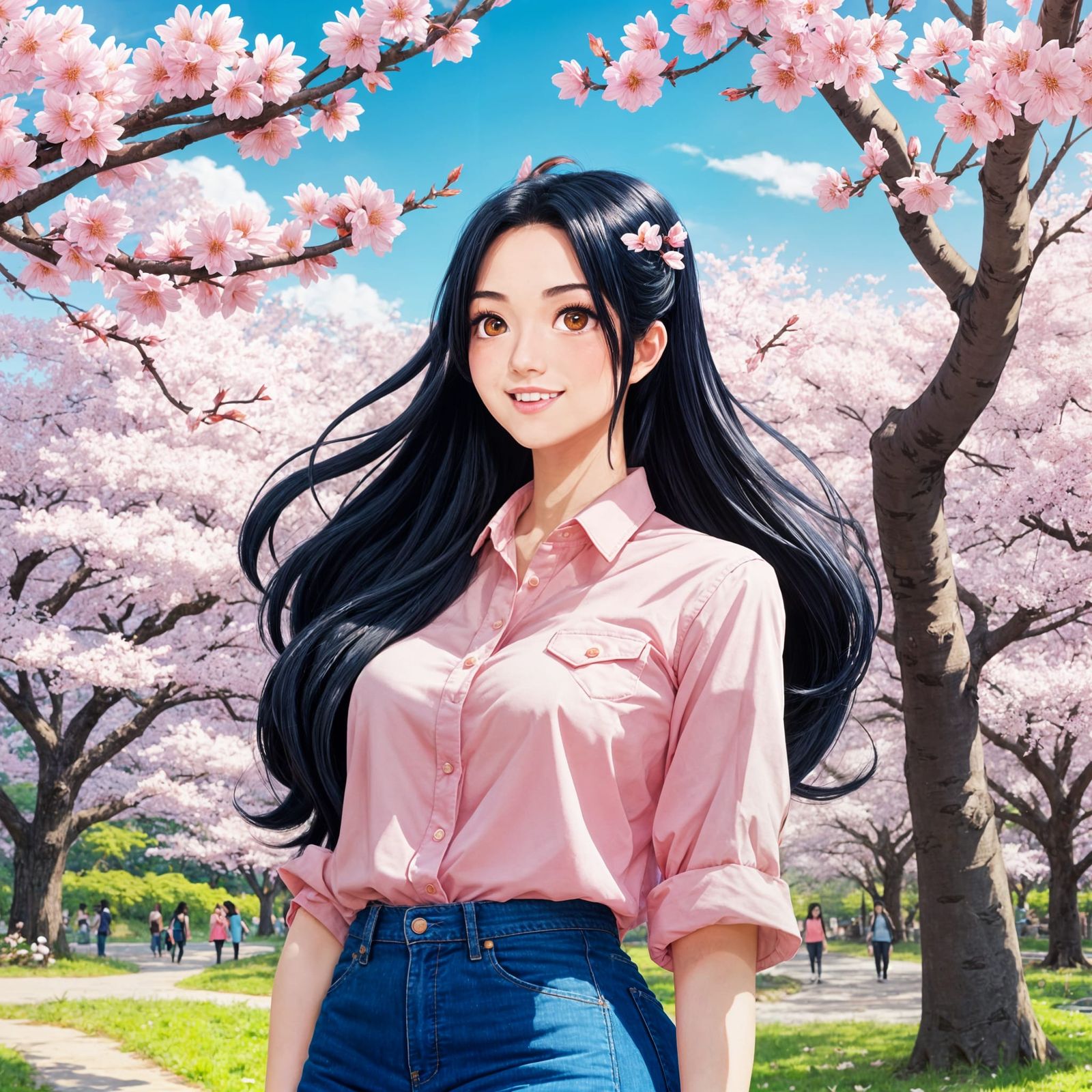 Anime Woman in Park with Cherry Blossoms