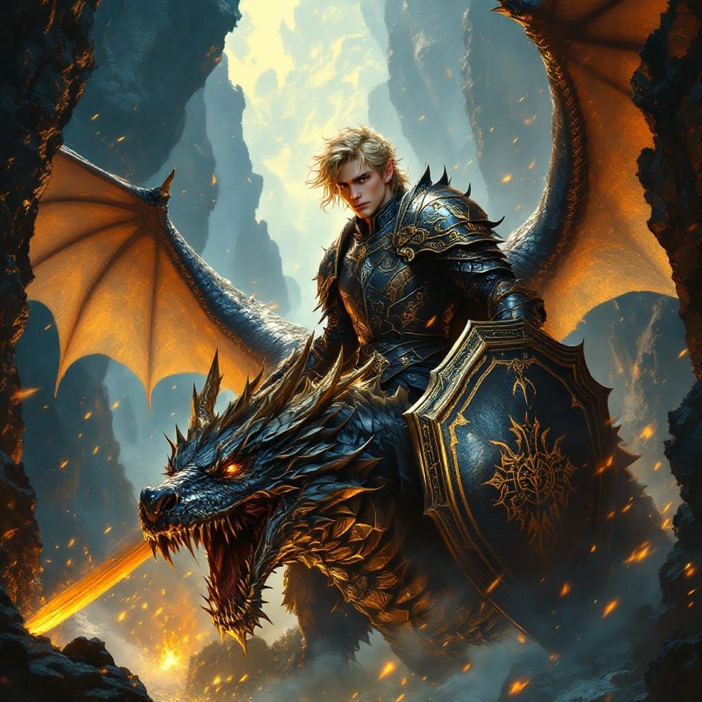 Dark Fantasy Warrior Rides Magnificent Dragon through Labyri...