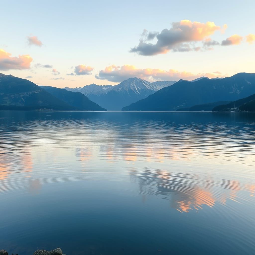 Tranquil Sunrise Lake Reflection with Pastel Mountain Landsc...